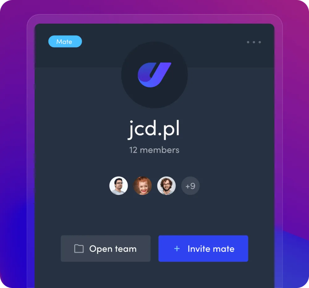 Team card with 12 members and an Invite mate button
