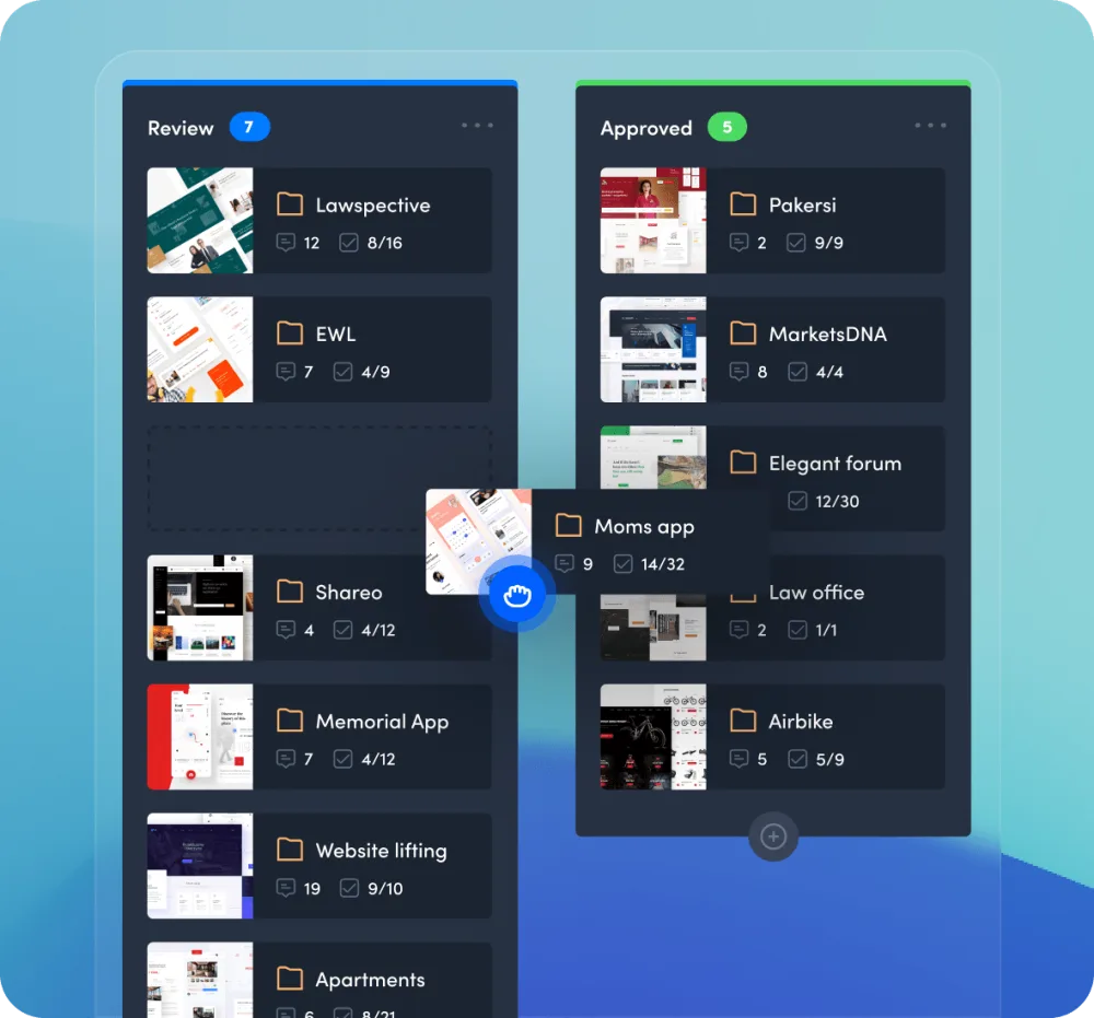 Workflow board with Review and Approved columns of website projects