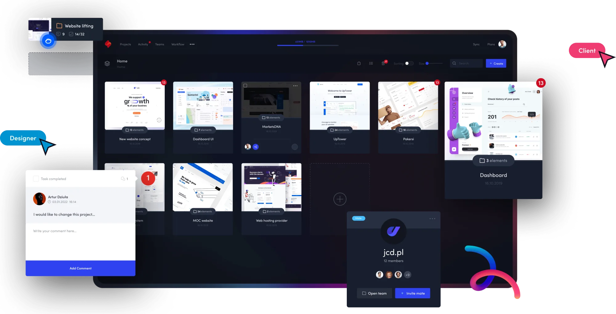 Symu dashboard with project groups, a client comment turned into a task and a team card